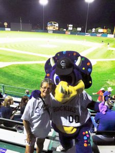 The Colorado Rockies MLB mascot, Dinger, stops by the Grand Junction Rockies game for “Mascot Day.”