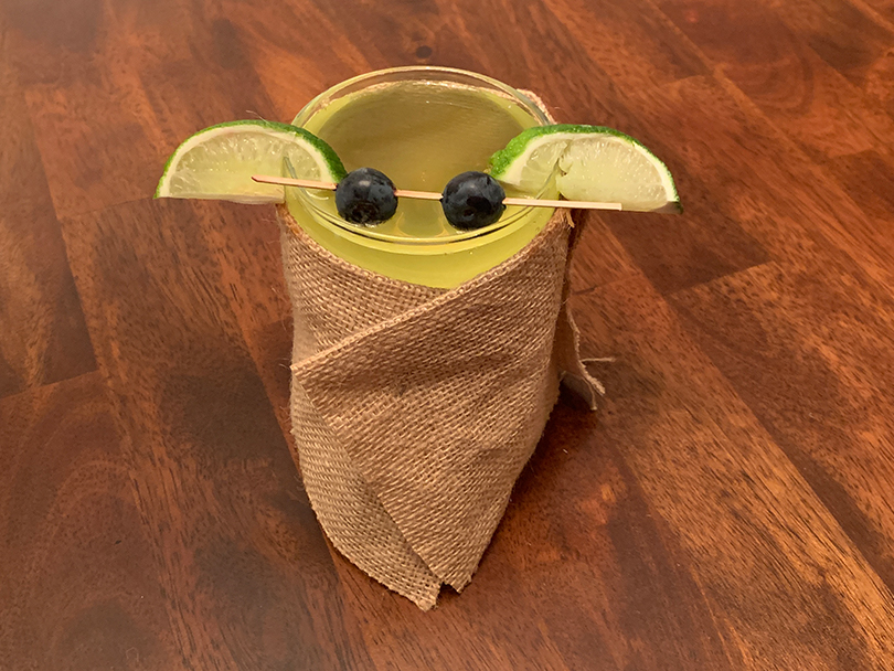 Baby Yoda mocktail wrapped in a cute burlap robe